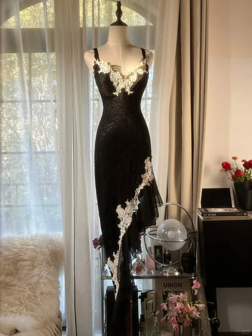 Sexy Sheath Spaghetti Strap Ruffle Appliques Lace Chiffon Party Dress Evening Dress HZ1023